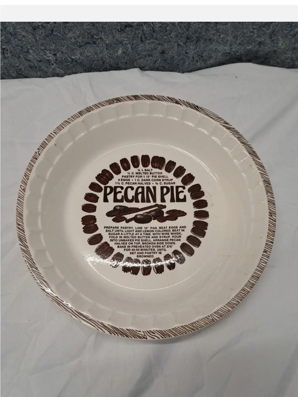 Vintage Pecan Pie Ceramic Pie Plate - White with Brown Graphics
